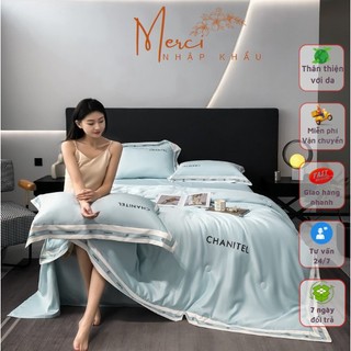 Bộ chăn ga phi lụa Chanitel 4 món, chăn trần bông, mềm mịn, tặng kèm vỏ gối ôm đồng bộ
