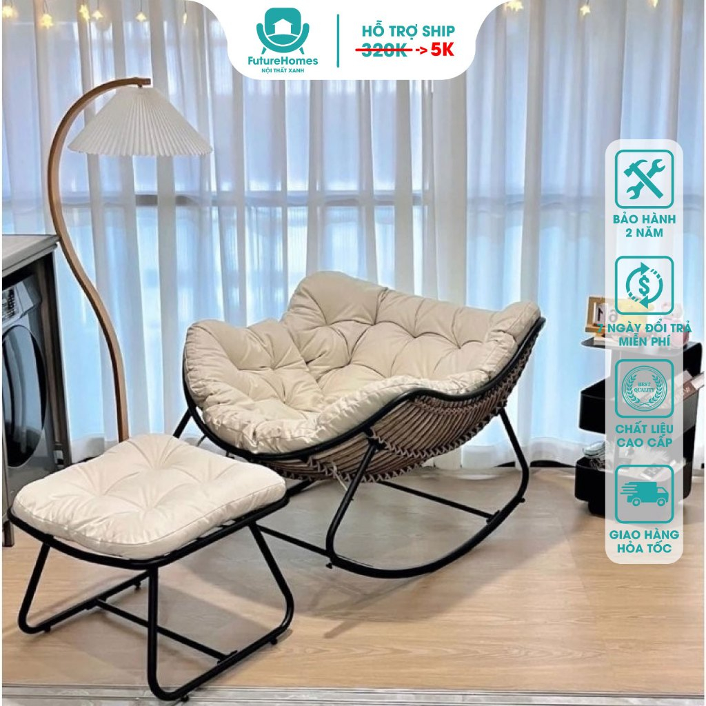 Ghế lười thư giãn Papasan bập bênh vuông Giả mây khung thép FutureHomes đọc sách decor ban công, phòng khách SG
