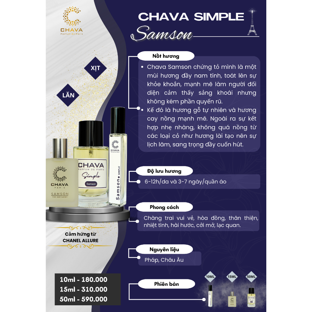 Nước Hoa Unisex - Nước Hoa CHAVA SAMSON Simple 10ml Chính Hãng - Theo Tiêu Chuẩn Pháp