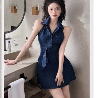 váy jean cổ yếm thắt nịt newtag