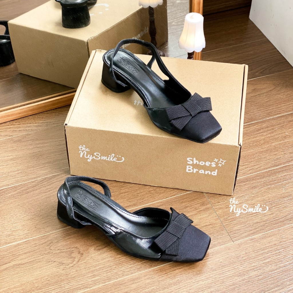 Giày cao gót 3P mũi vuông gót vuông nơ , Giày quai hậu -THENYSMILE  - JOLAN