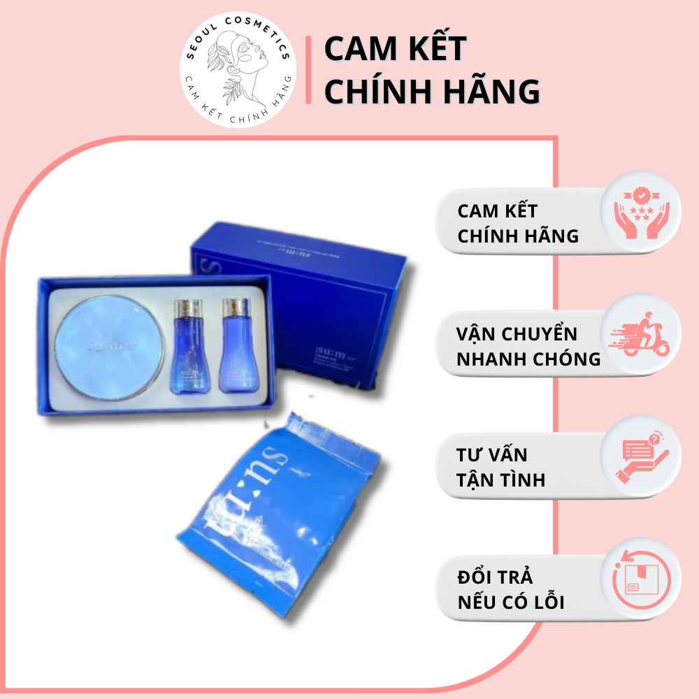 Set Cushion Phấn Nước Su:m Xanh 4 Món, Nước Hoa Hồng, Sữa Dưỡng Dành Cho Da Dầu, Nhờn, Hỗn Hợp