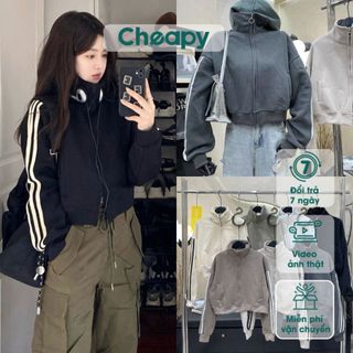 Áo khoác nỉ tàu nữ SỌC tay dáng ngắn Cheapy freesize form rộng có mũ màu đen be ghi nâu mùa đông hàn quốc C2087