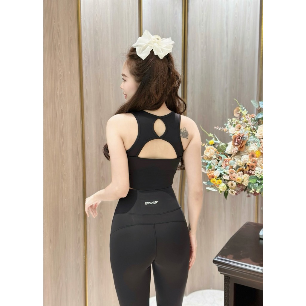 Bộ tập gym nữ, quần áo tập gym yoga aerobic nữ áo bra hở lưng kèm mút quần legging dài cạp cao EoSport(D36)