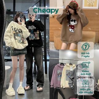 [SIÊU XINH] Áo nỉ tàu nữ cổ tròn uzzang có mũ in hoạt hình unisex - áo sweater dài tay nữ phom rộng tay bồng nhiều màu