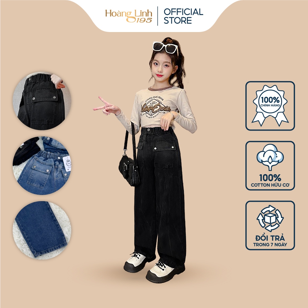 Quần jeans cho bé gái, quần jean bò dáng suông ống rộng màu đen túi hộp phong cách Hàn Quốc từ 15kg-40kg QD07