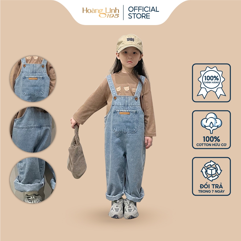 Quần yếm jeans hai dây, yếm jean dáng dài cho bé trai bé gái đáp da form rộng phong cách Hàn Quốc QYD007