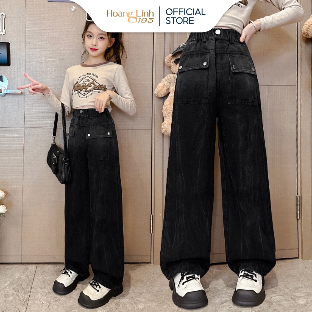 Quần jeans cho bé gái, quần jean bò dáng suông ống rộng màu đen túi hộp phong cách Hàn Quốc từ 15kg-40kg QD07