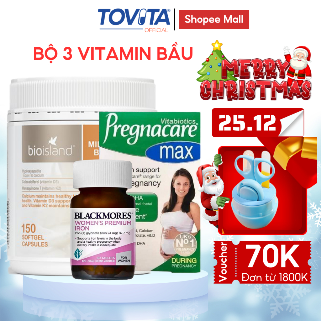 Combo chăm sóc sức khỏe cho mẹ bầu Pregnacare Max, canxi Bioisland và Sắt Blackmores giảm nguy cơ dị tật thai nhi