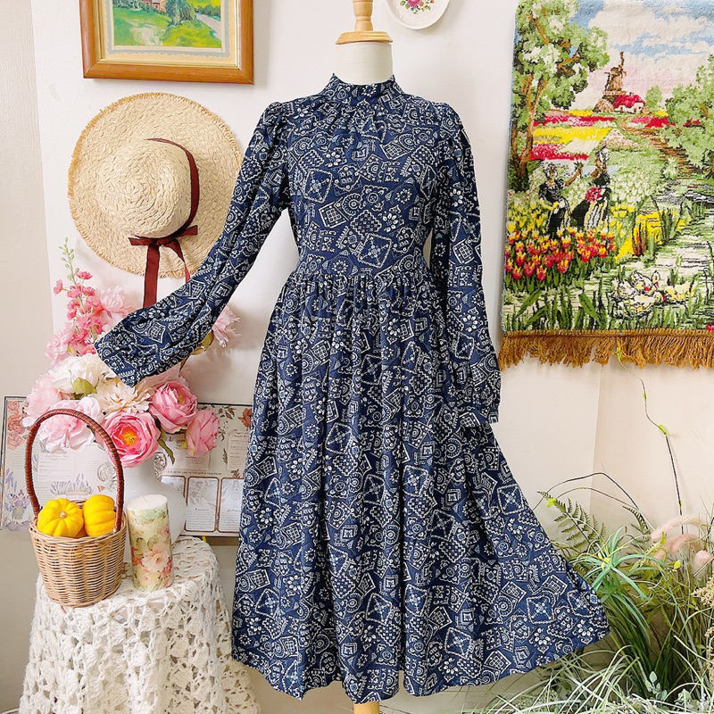 Đầm babydoll xanh dáng dài thắt eo