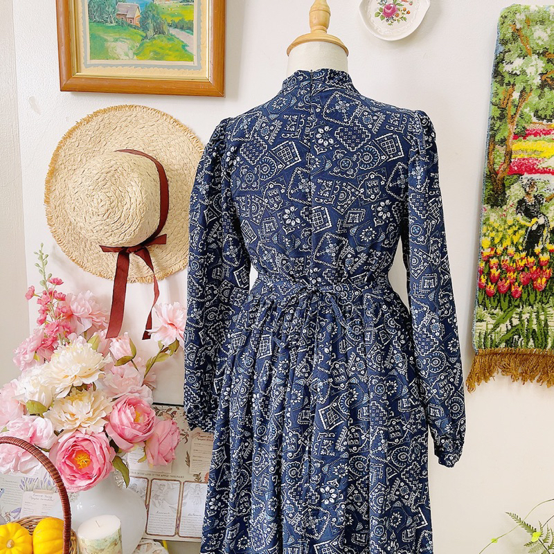 Đầm babydoll xanh dáng dài thắt eo