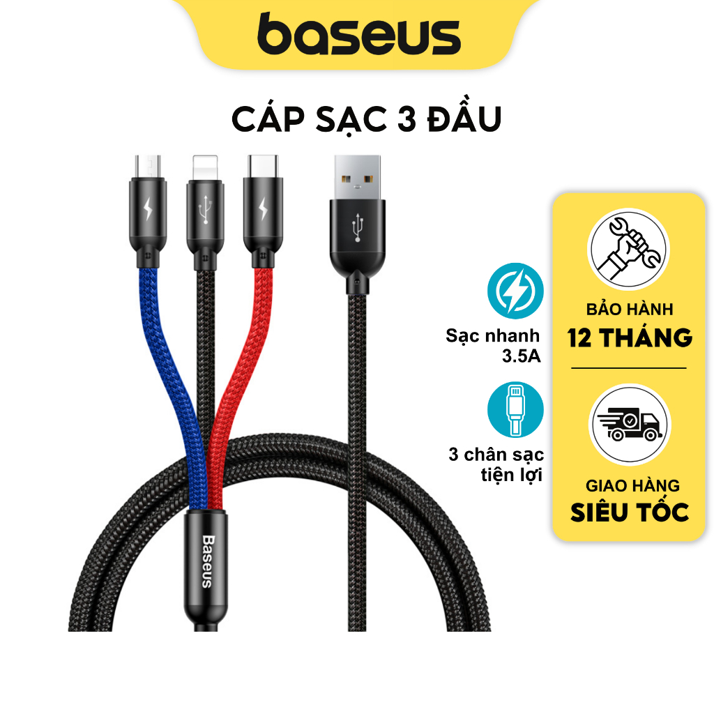 Cáp sạc 3 trong 1 Baseus Sạc nhanh 3.5A 3 đầu kết nối đa năng Dây bọc dù cho điện thoại và máy tính bảng