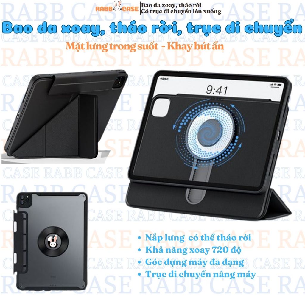 Bao da iPad xoay 360 độ, tích hợp trục nâng cao thấp, khay đựng tháo rời, cho iPad Gen 7/8/9/10, Air4/5,Pro 11, 12.
