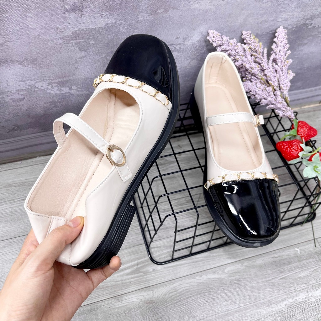Giày nữ đế đốc phối dây xích mũi vuông đế 2 phân bản da cao cấp  TA16