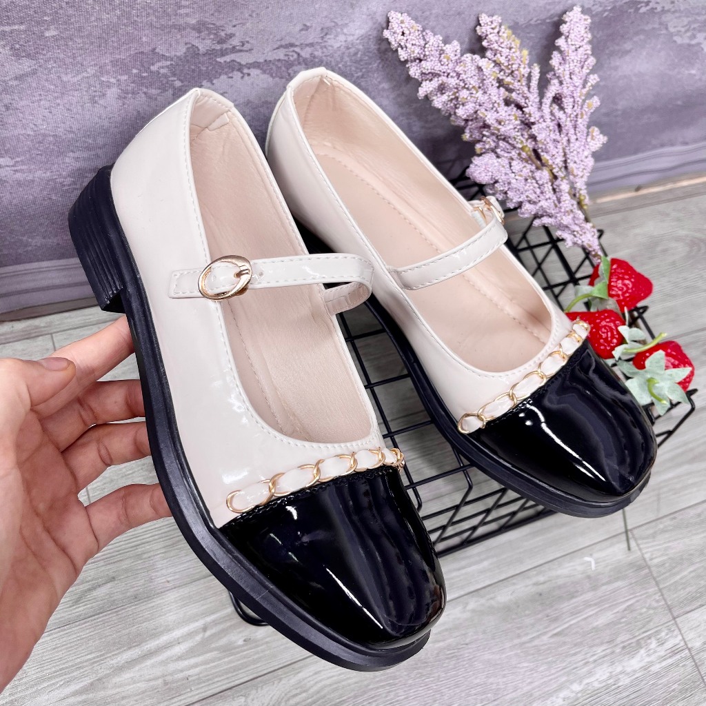 Giày nữ đế đốc phối dây xích mũi vuông đế 2 phân bản da cao cấp  TA16