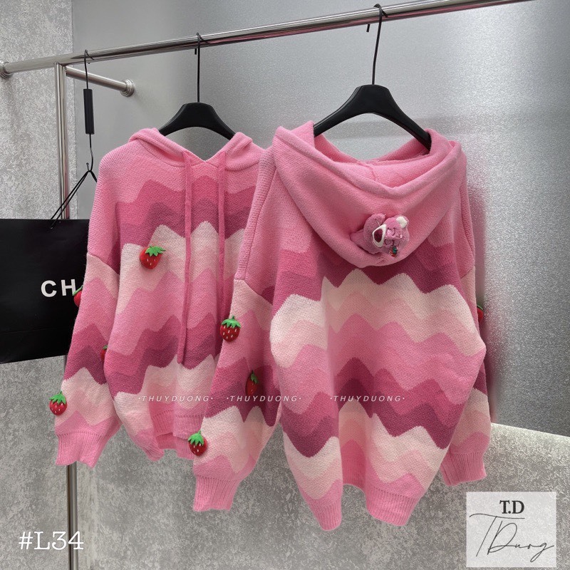 Áo Hoodie nữ chất len dày dặn hoại tiết dâu tây dễ thương, áo len nữ có mũ siêu ấp áp