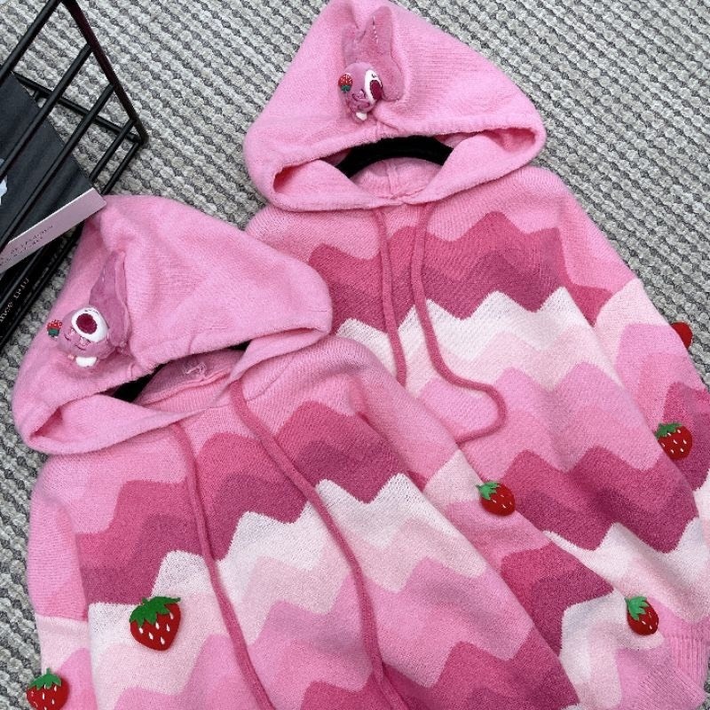 Áo Hoodie nữ chất len dày dặn hoại tiết dâu tây dễ thương, áo len nữ có mũ siêu ấp áp