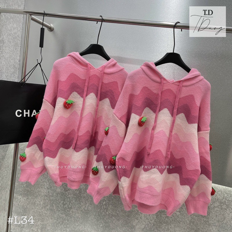 Áo Hoodie nữ chất len dày dặn hoại tiết dâu tây dễ thương, áo len nữ có mũ siêu ấp áp