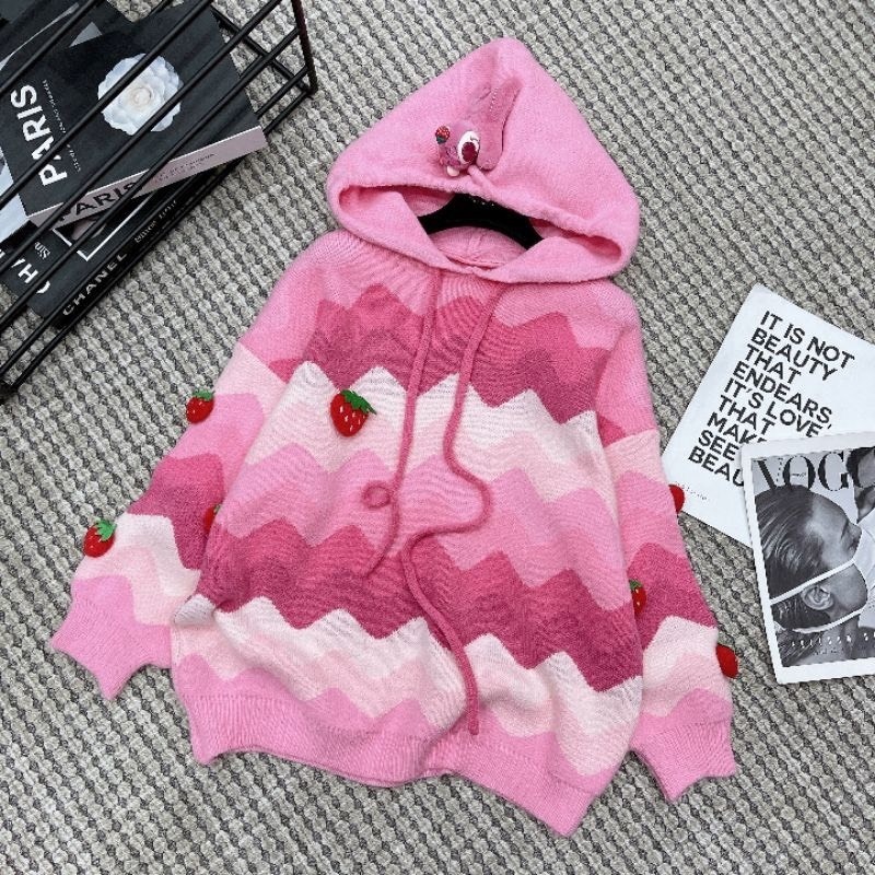 Áo Hoodie nữ chất len dày dặn hoại tiết dâu tây dễ thương, áo len nữ có mũ siêu ấp áp
