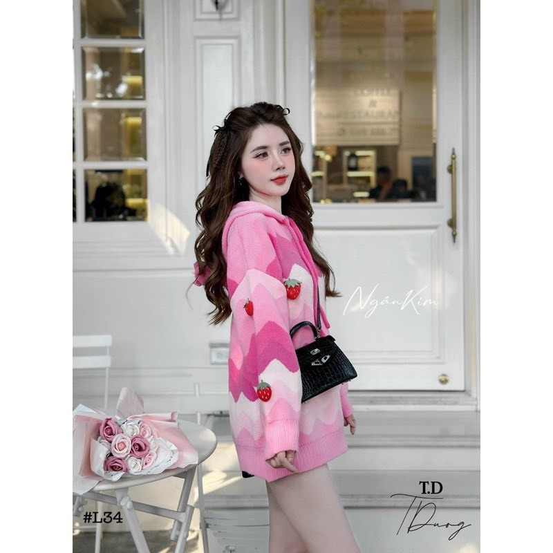 Áo Hoodie nữ chất len dày dặn hoại tiết dâu tây dễ thương, áo len nữ có mũ siêu ấp áp