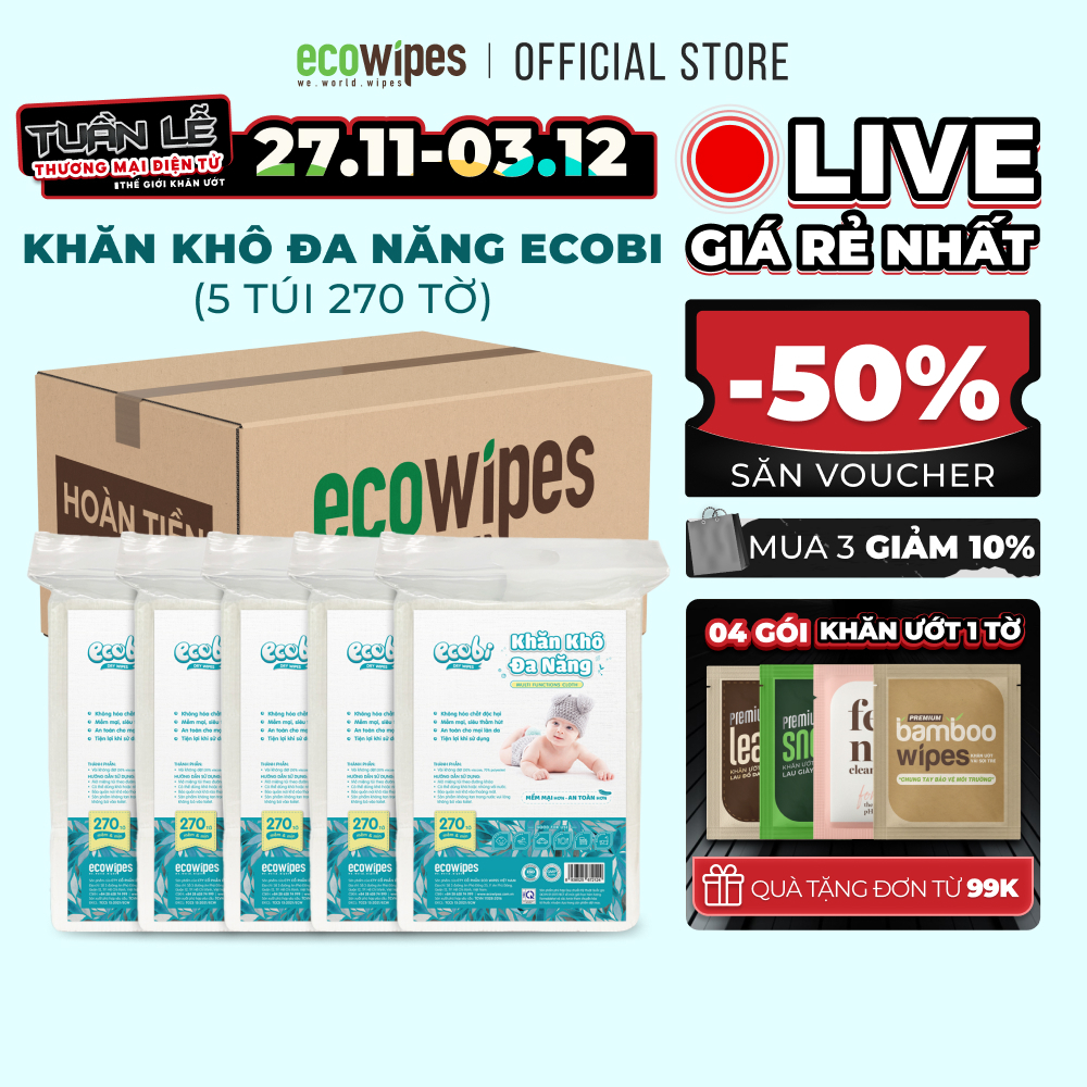 Combo 05 túi khăn vải khô đa năng cho bé Ecowipes túi 270 tờ 345g mềm mịn dai thấm hút tốt