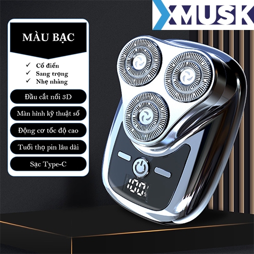 Máy Cạo Râu Mini Cao Cấp Xmusk, Màn Hình LED Hiển Thị, 3 Đầu Lưỡi Cạo Chống Nước, Cáp Sạc Type-C