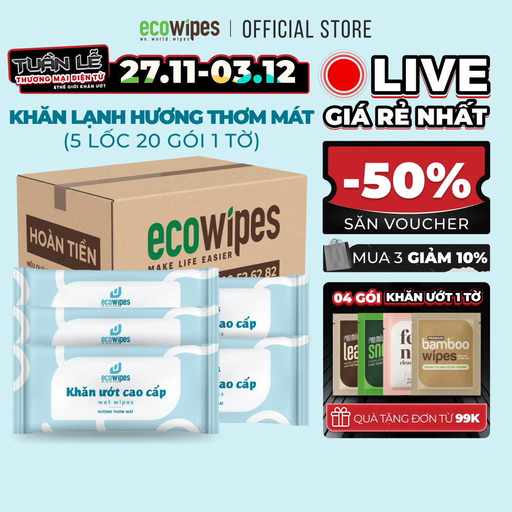 Combo 05 lốc 100 cái khăn lạnh cao cấp EcoWipes Hương Thơm Mát loại 1 tờ dùng 1 lần không cồn