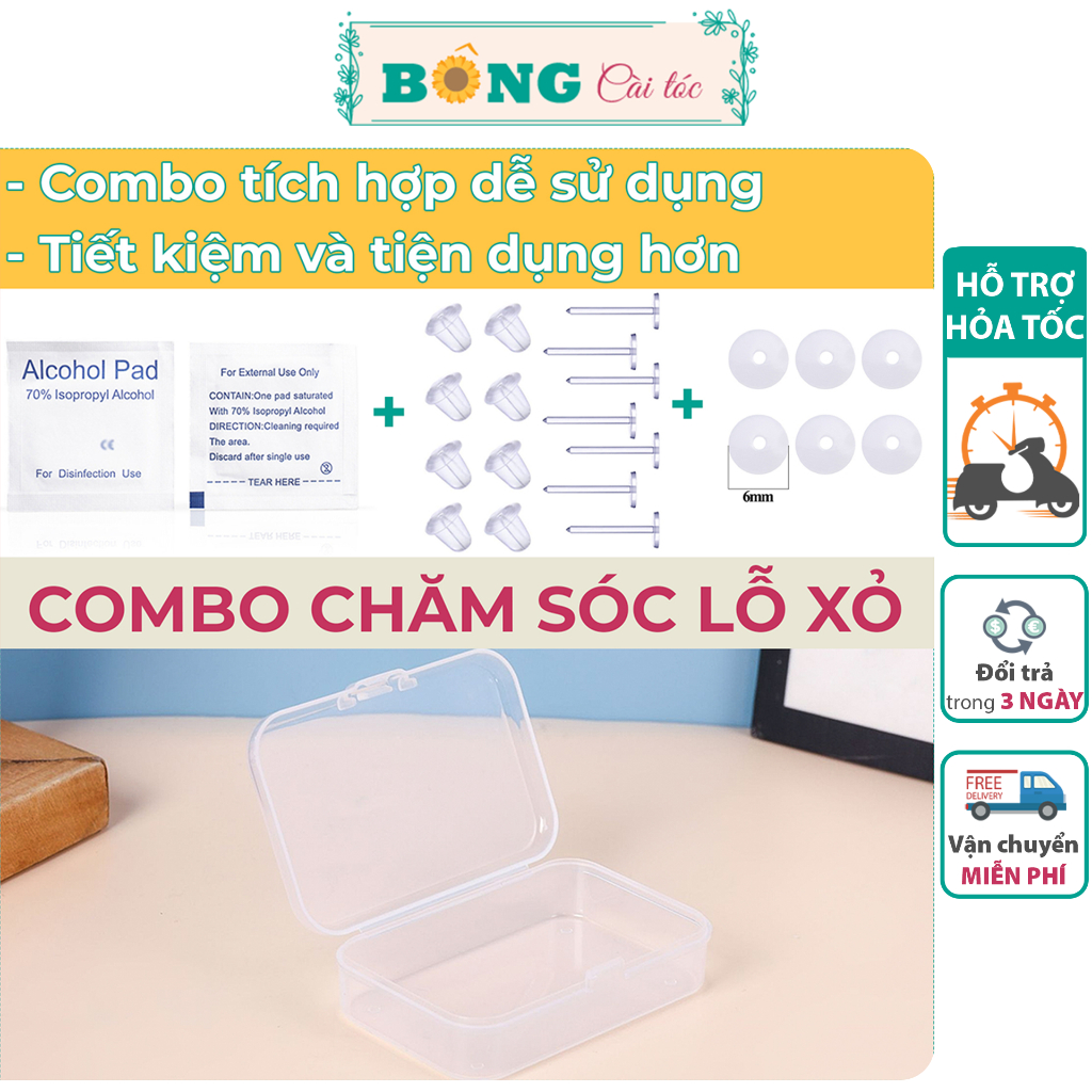 Combo chăm sóc lỗ xỏ bông tai cao su y tế, nẹp bump, miếng lau khử khuẩn kèm hộp CB10- khuyên tai BÔNG Cài Tóc