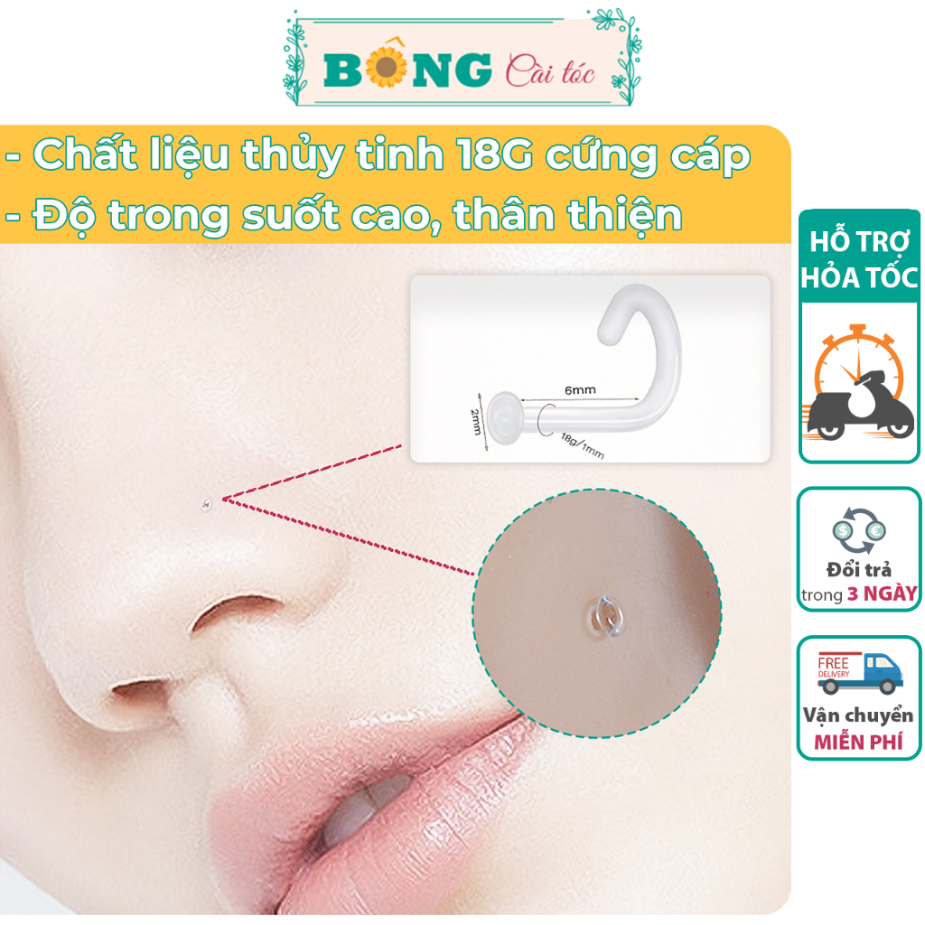 Set 2 chiếc khuyên mũi thủy tinh trong suốt giữ lỗ kèm hộp, không gây kích ứng PKK10 - khuyên thủy tinh BÔNG Cài Tóc