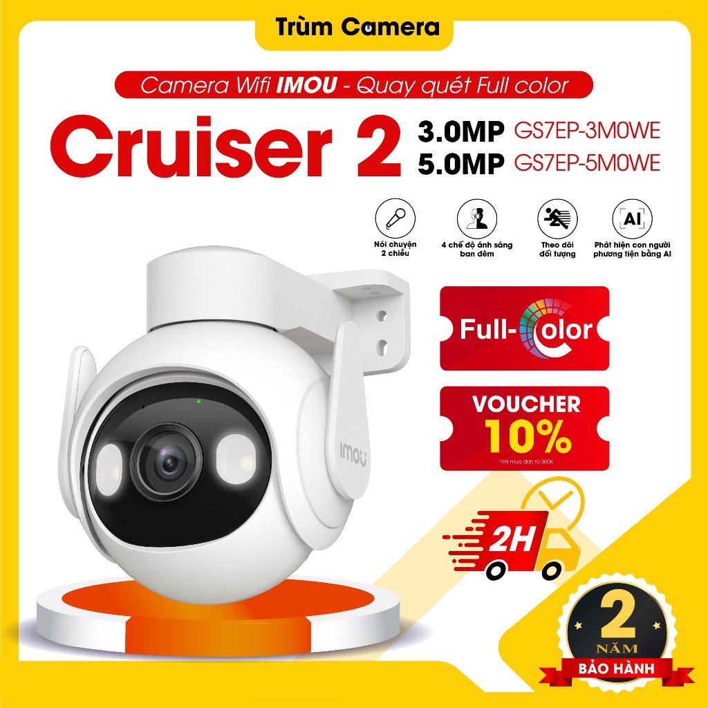 Camera IMOU Wifi Cruiser 2 GS7EP 3MP/2K - 5MP/3K, Ngoài Trời Siêu Nét, Xoay 360, Đàm Thoại 2 Chiều, 