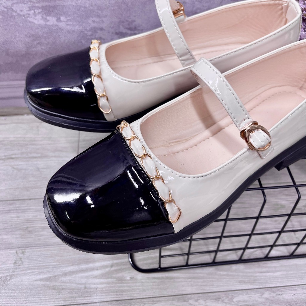 Giày nữ đế đốc phối dây xích mũi vuông đế 2 phân bản da cao cấp  TA16