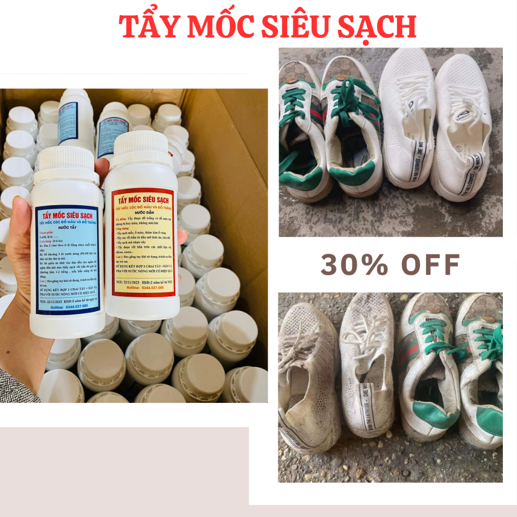 Tẩy Mốc Giày Dép Balo Túi Xách Quần Áo Tẩy Sạch Mốc Thâm Kim Ố Vàng Vết Bẩn Cứng Đầu Từ Bùn Đất Nhựa Cây Không Loang Màu