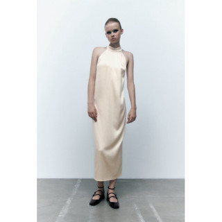 Đầm Zara cổ yếm satin màu mỡ gà auth new full tag size S codee0219/8