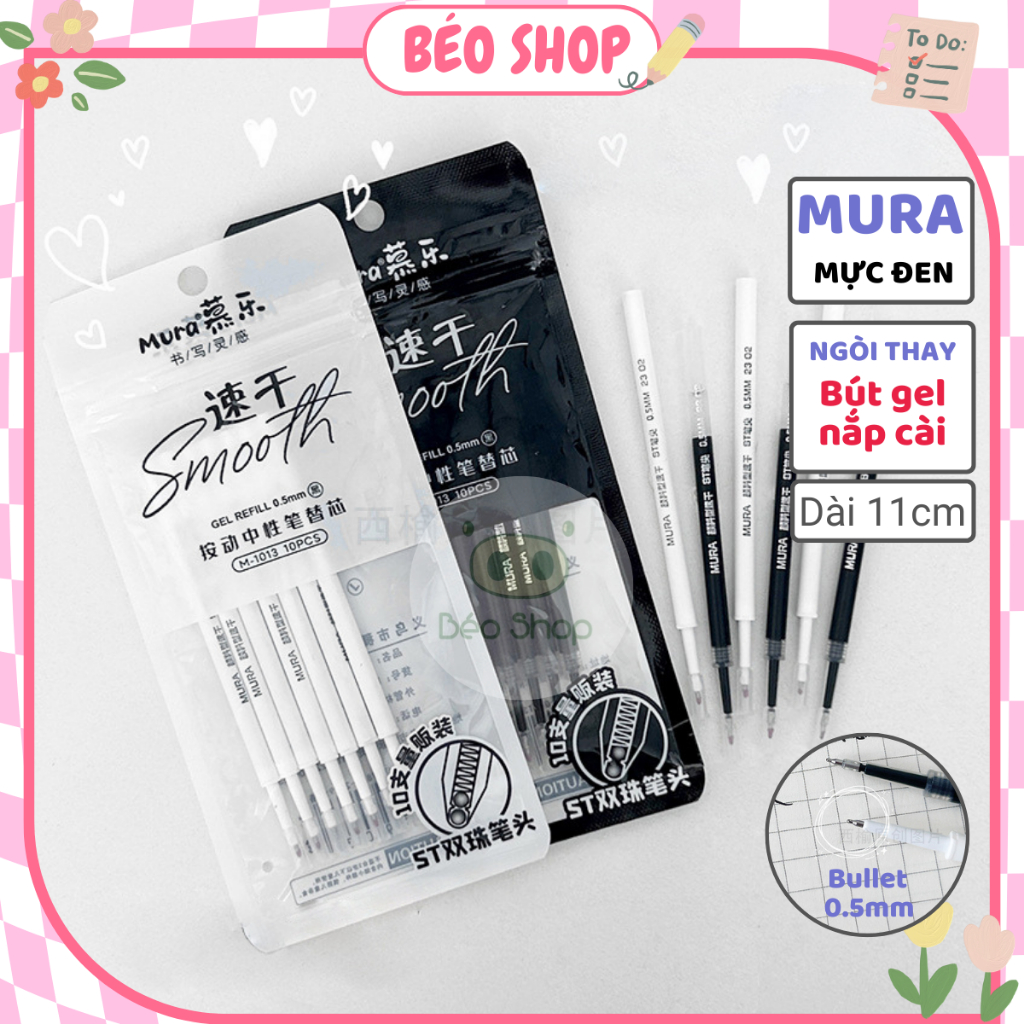 Túi 10 ngòi bút gel 0.5mm MURA DOMI 11cm Pkbeoshop ruột bút đen dùng cho bút bấm đầu bullet ST