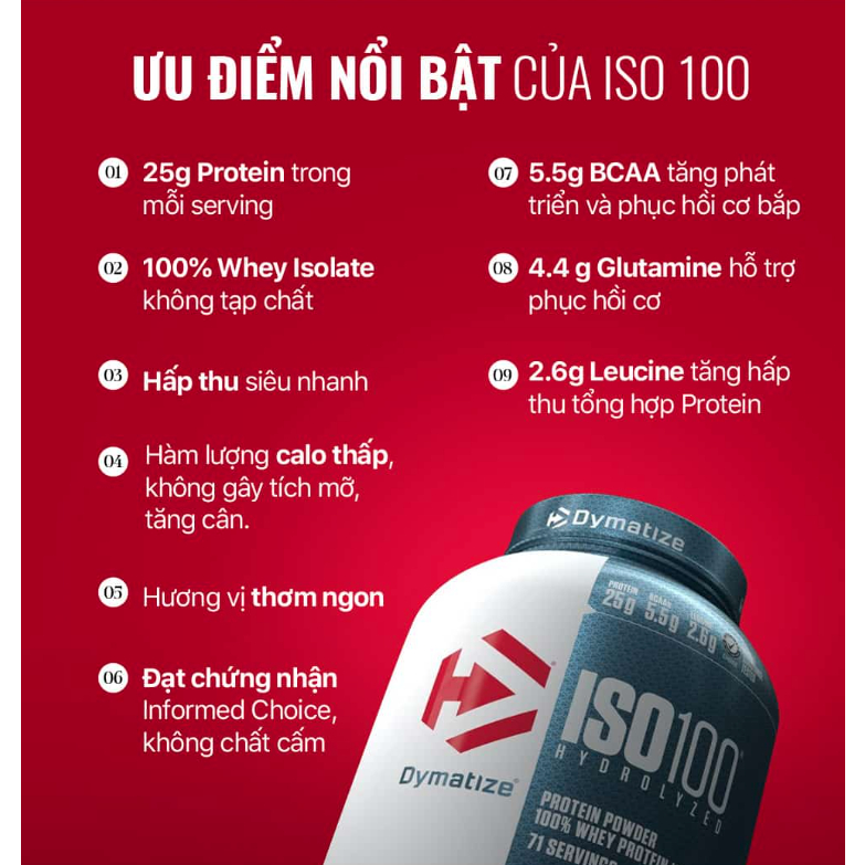 Bột đạm dinh dưỡng thể thao thể hình ISO100 HYDROLYZED 2.3KG hỗ trợ tăng cơ từ thương hiệu DYMATIZE