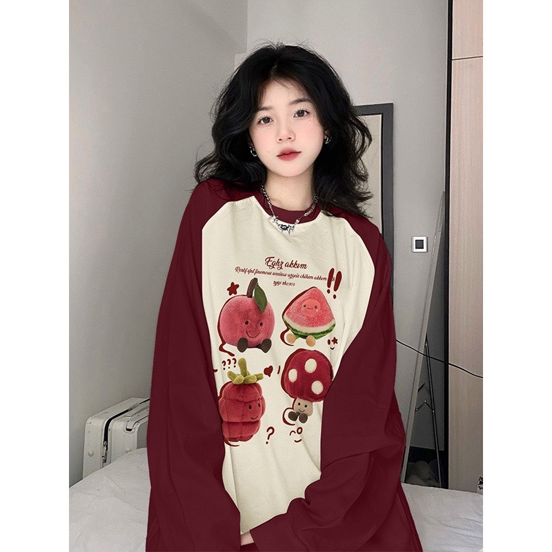 Áo Thun áo tee cotton Nữ Tay Dài Màu Sắc Tương Phản Phong Cách retro