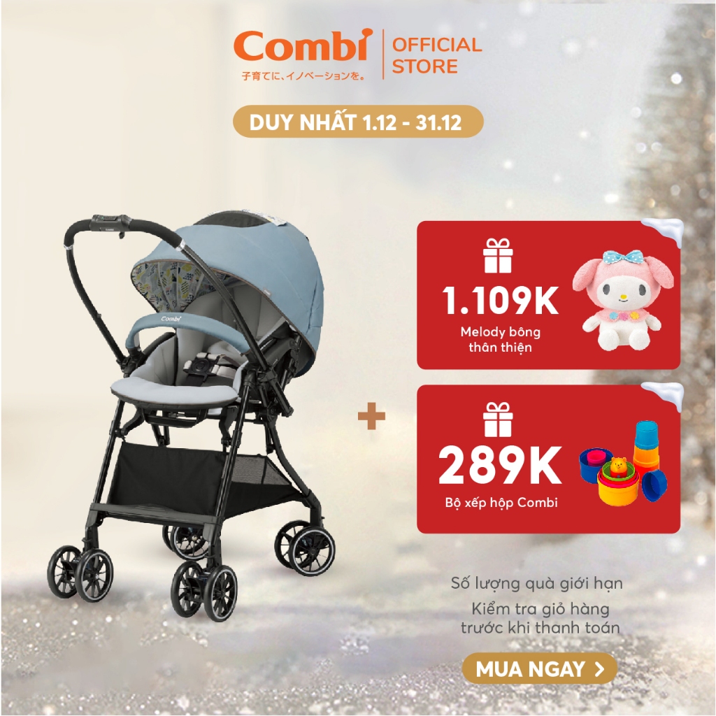 (THÁNG 12 - TẶNG MELODY BÔNG THÂN THIỆN + ĐỒ CHƠI XẾP HỘP) Xe đẩy Combi Sugocal Light 4 bánh quay tự động