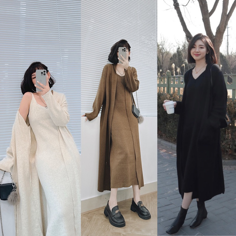 Petbychang - Set Áo len choàng gồm Váy len và áo khoác len dáng dài