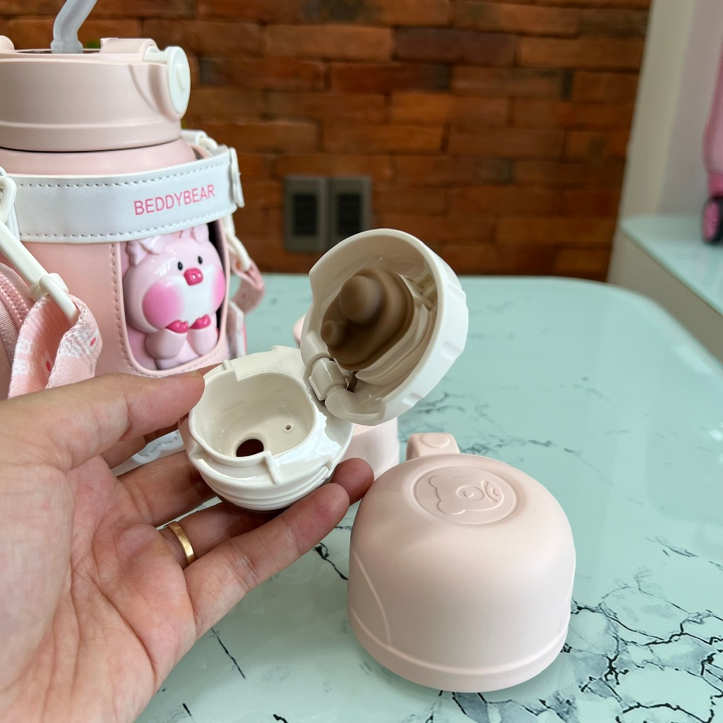 Bình giữ nhiệt trẻ em đi học Heo hồng 530 ml Beddy Bear - 3 Nắp thay thế - Túi đeo Da Cao cấp  - Bảo hành chính hãng