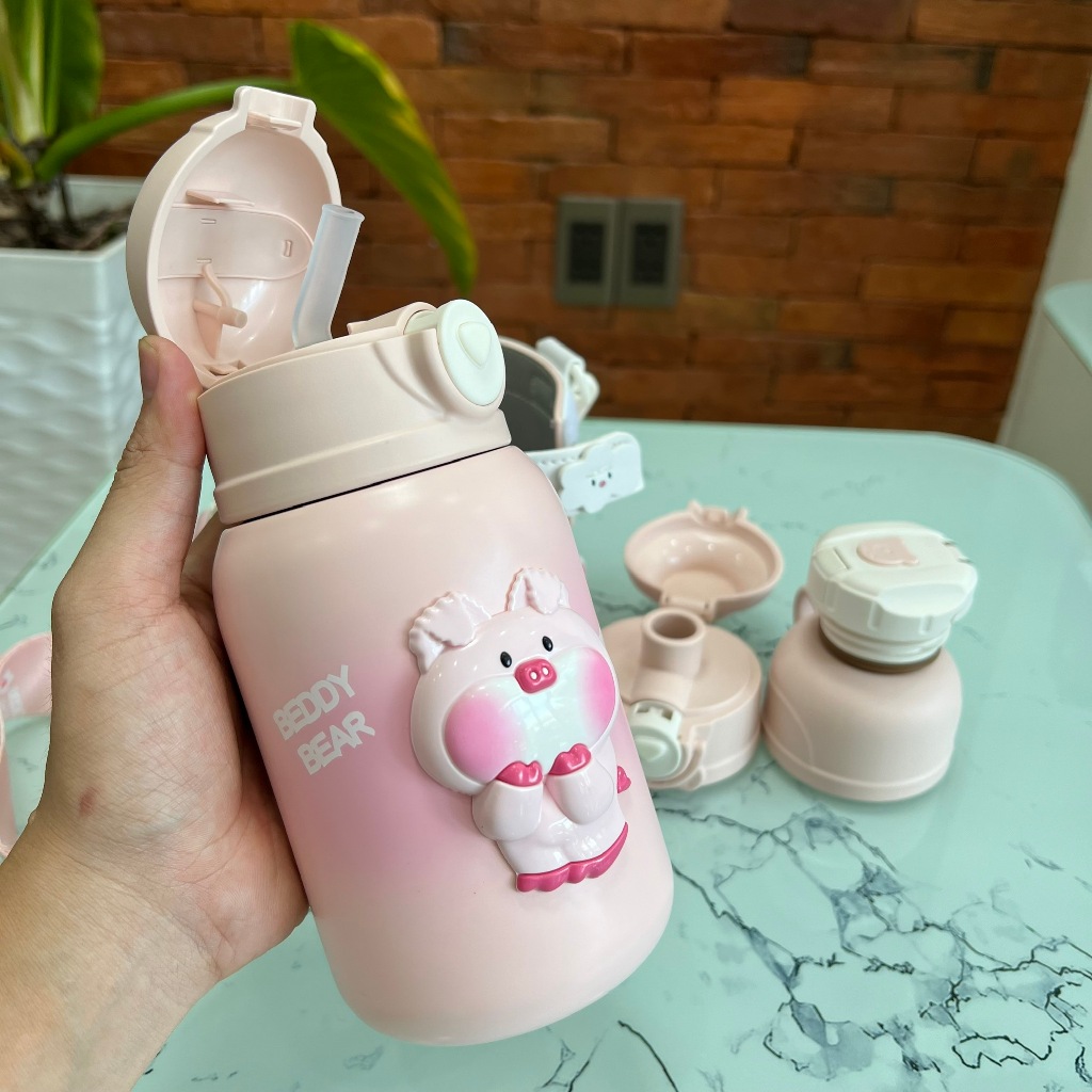 Bình giữ nhiệt trẻ em đi học Heo hồng 530 ml Beddy Bear - 3 Nắp thay thế - Túi đeo Da Cao cấp  - Bảo hành chính hãng