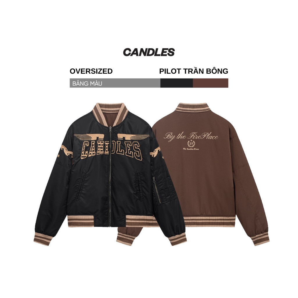 Áo khoác nam nữ oversize CANDLES AMERICAN BOMBER JACKET mặc được hai mặt thêu logo chính hãng