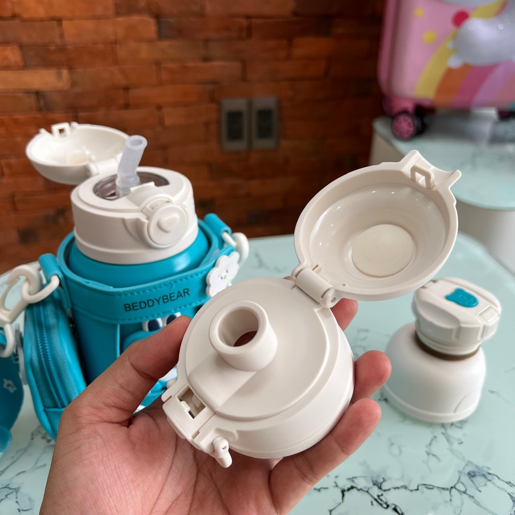 Bình giữ nhiệt cho Bé đi học hình Cá Sấu 530ml Beddy Bear - 3 nắp sử dụng - Chất liệu Inox 316 - Túi đeo da cao cấp