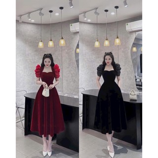 Đầm váy nhung dáng dài tay phồng phối voan kiếng, váy dự tiệc 2 màu đen , đỏ