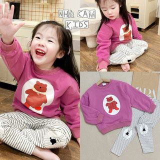 Bộ nỉ bông cho bé, bộ nỉ hồng gấu kèm quần legging kẻ cho bé gái - nhà cam