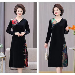 Váy trung niên nữ dự tiệc cao cấp V62 - Đầm nhung thu đông đẹp sang trọng cho mẹ, bà, người lớn tuổi 40 50 60 70 Bigsize