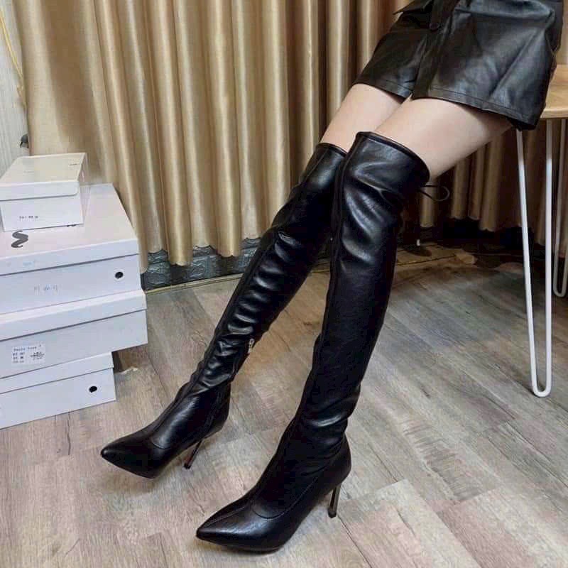 Sẵn_Hàng QC_Bốt đùi nữ gót cao 9 phân đính đá bên trong có lót lông