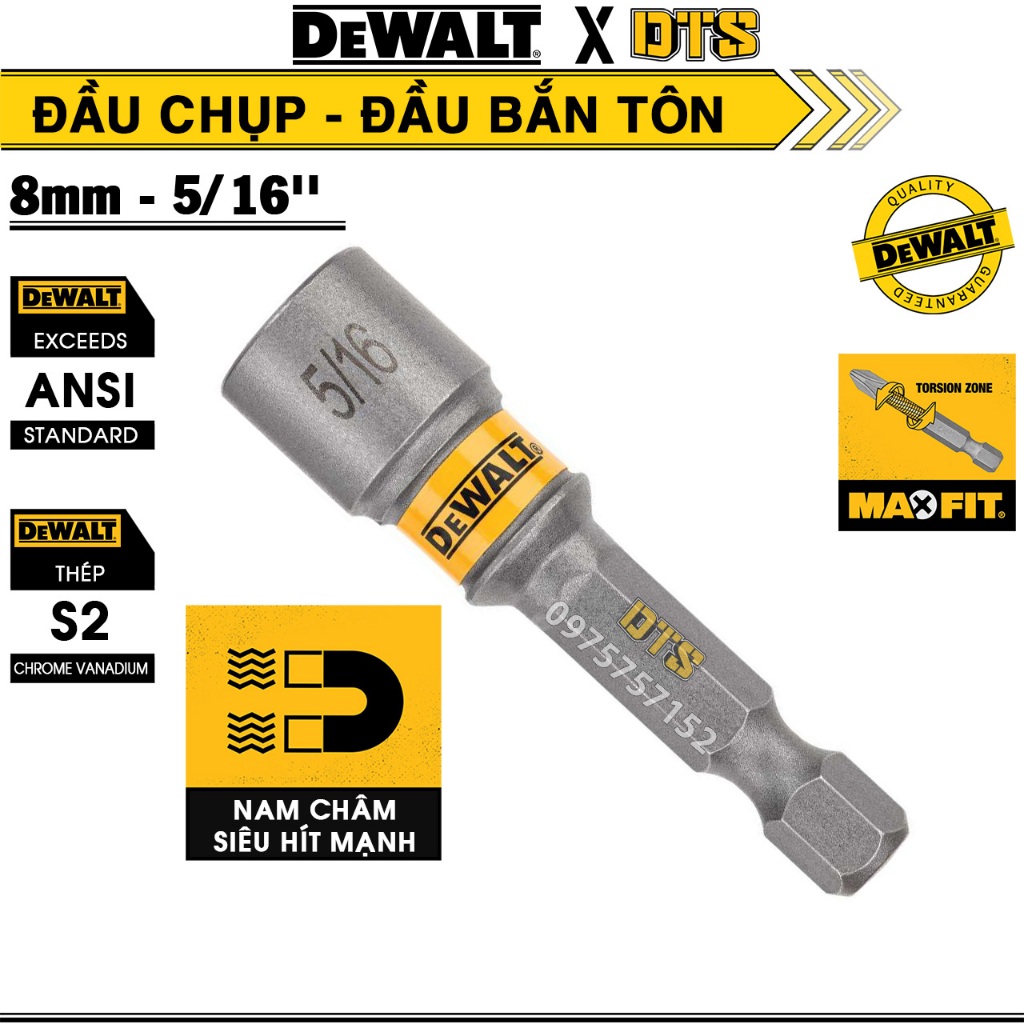 Đầu bắn tôn trợ lực DeWALT 8mm 5/16" nam châm hít siêu mạnh, Đầu chụp bắn ốp lam bulong chống xoắn thép S2 siêu bền