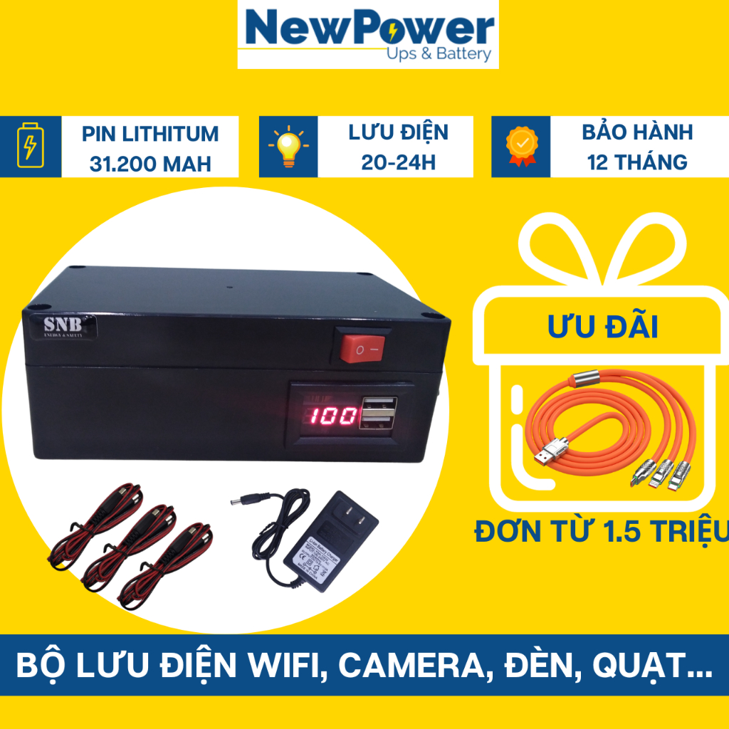 Bộ lưu điện gia đình 31.200mAh, sạc nhanh cho điện thoại, UPS 12V dùng cho camera,wifi..mới 100%,BH 12th (SNB12104-3)