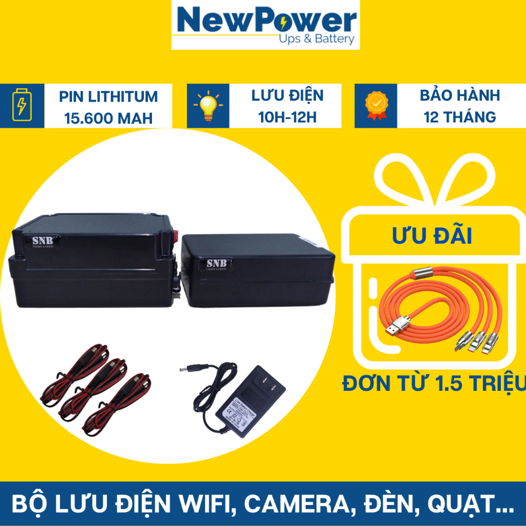 Bộ lưu điện gia đình 15600mAh 9V-12V, UPS dùng cho camera, wifi, quạt, đèn..,mới 100%,bảo hành 12 tháng (SNB1252+HAAP9V)