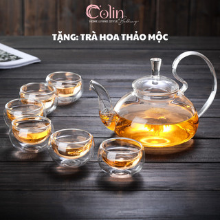 Bộ ấm chén pha trà thủy tinh trong suốt quai vồng - 1 ấm 600ml + 6 chén 2 lớp